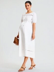 MaterniWear Maternity Elegant Short Sleeve Belted Bowknot Round Neck Loose Fit Mid-Length Casual Dress For Work And Leisure