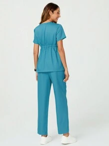 TaskEZ 帶口袋和褲子的束口V領純色短袖上衣組套裝 - 藍色 - 查看 2