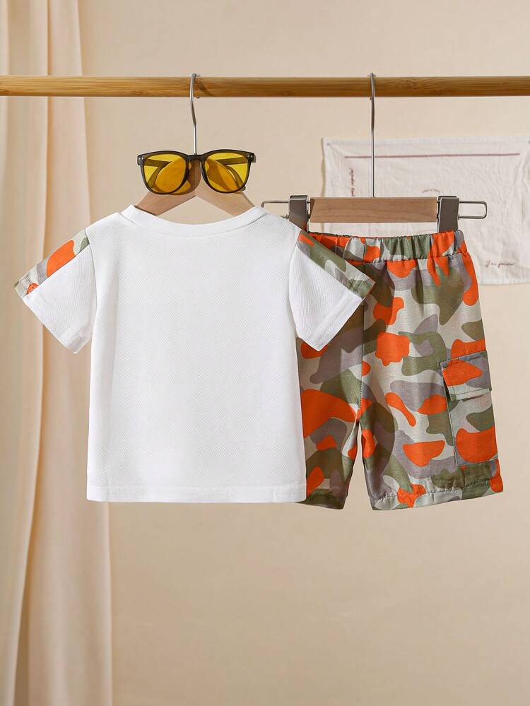 Baby Boys' Color Block Round Neck Short Sleeve Top And Elastic Waist Shorts Summer Casual Outfit