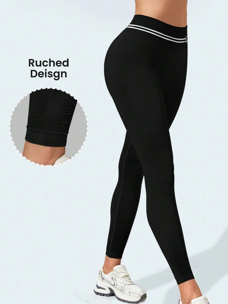 Women Sports Leggings Yoga Pants With Letter Print, Elastic High Waistband, Foot Cuffs With Ruching, Tummy Control And Butt Lifting