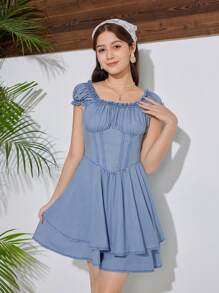 SHEIN Váy denim xẻ tà đôi cho bé gái tuổi teen cho mùa hè hiệu ứng denim - Màu xanh nhạt - Xem 4