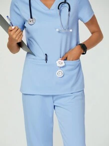 TaskEZ 女士護士制服夏季藍色護士制服兩件套裝，2個口袋短袖頂部，彈性腰帶束繩適合跑步休閒褲