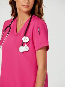 TaskEZ Shein Essnce Women Nurse Uniform Scrubs Summer  Casual Solid Color Short Sleeve Scrub Top With 3 Pockets & Matte Finish V-Neck - Hot Pink - View 3