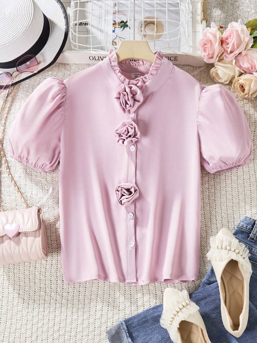 Tween Girl Summer Elegant 3D Flower Puff Sleeve Lady Shirt - Pink - View 1