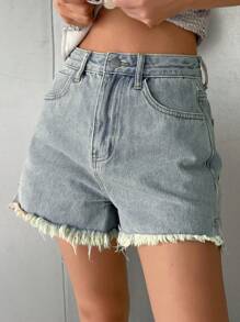 DAZY Solid Color Frayed Edge Denim Shorts With Pockets, Summer Casual Wear - Light Wash - View 1