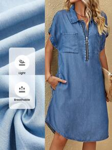 SHEIN LUNE Zip Front Patch Pocket Batwing Sleeve Slant Pocket Dress - Medium Wash - View 7