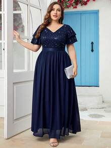 Đầm dạ hội cỡ lớn, cổ chữ V, đính sequin, tay áo cánh bướm, chất liệu chiffon phối màu tương phản, phù hợp cho khách dự đám cưới, sinh nhật, tiệc chiêu đãi, lễ hội và các dịp khác. - Màu xanh hải quân - Xem 7