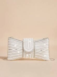 SHEIN Belle 轻巧，商务休闲水钻装饰水桶包迷你抽绳设计，透明包仿珍珠包晚宴包，晚餐包迷人，优雅，精致，安静的奢华水钻适合派对女孩，女人，新娘非常适合派对，晚宴/宴会圣诞派对礼服情人节，必备婚礼物品，完美搭配毕业礼服，舞会礼服 - 白色 - 查看 3