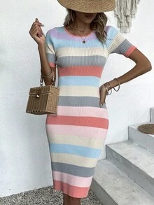 Elegant Slim-Fit Striped Knitted Dress For Women, Suitable For Spring, Summer, And Autumn Seasons (Random Striped Pattern) - Pink - View 3