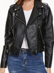 Jaqueta Motociclista de Couro PU com Zíper na Frente, Cor Sólida, Roupa de Rua da Moda, Primavera e Outono