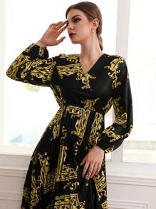 Modelyn 宮廷風圍巾圖案燈籠袖百褶洋裝