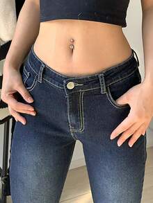 NVFelix 復古低腰純色喇叭牛仔褲 - 深色水洗藍 - 查看 3