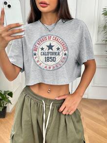 SHEIN EZwear Casual & Simple Pattern Round Neck Short Crop Top, Loose Fit And Suitable For Summer - Light Grey - View 2