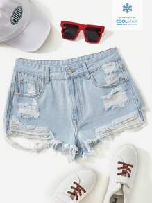 Quần short denim thường ngày dành cho nữ có túi khoét và viền sờn - Rửa nhẹ - Xem 4