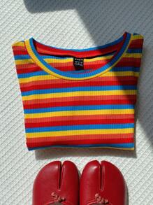 Comfortcana Colorful Striped Knitted Slim-Fit Women's T-Shirt