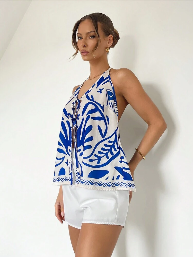 Women's Casual Holiday Blue Flower & Fish Silhouette Loose Backless Top And Shorts Set With Bowknot Strapstie Frontbohogoing Out