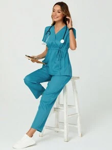 TaskEZ 帶口袋和褲子的束口V領純色短袖上衣組套裝 - 藍色 - 查看 4