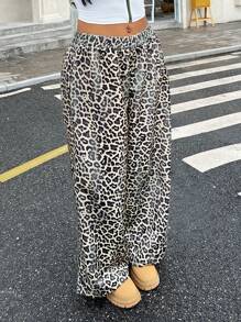 SHEIN EZwear Plus Size Women's Fall Classic Rock Distressed Leopard Print Woven Twill Pants For Back-To-School Season - Multicolor - View 6