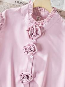 Tween Girl Summer Elegant 3D Flower Puff Sleeve Lady Shirt - Pink - View 3