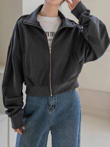 DAZY Đứng cổ áo Tay áo dài Giải trí Dây kéo Áo nỉ - Màu xám đen - Xem 3