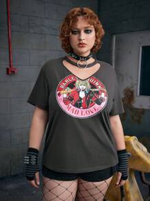 Harley Quinn X SHEIN 大码前卫、深色、时尚灰色宽松针织心形和卡通人物图案镂空 T 恤，夏季 - 黑色 - 查看 8