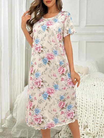 Bloemen Print Crew Neck Short Sleeve Shirt Sleep Dress Pajama Dress, Moo view 6