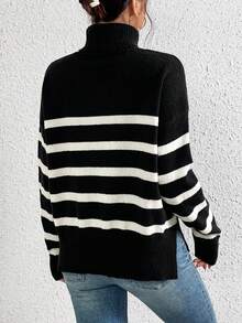 EURMUSE Sọc Cổ cao Thả vai Áo len - Đen và trắng - Xem 2