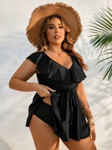 SHEIN Swim Curve Plus Size Women's Solid Color Simple Daily Swimsuit Dress