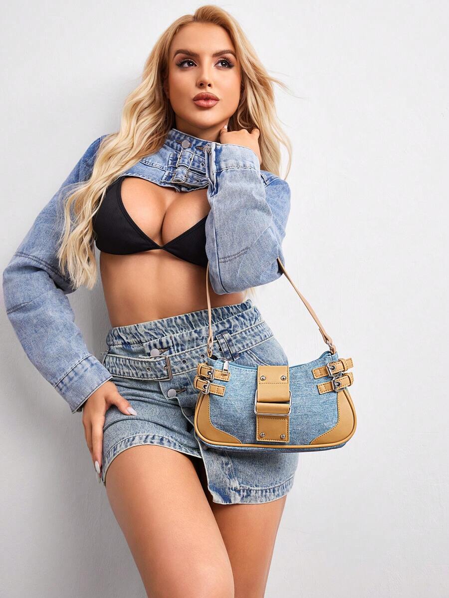 SHEIN SXY Túi đeo vai nhiều màu thời trang và cá tính cho nữ, TÚI HOBO, TÚI DỆT, ĐƯỜNG PHỐ, Hiệu ứng denim, RETRO - Màu xanh lam - Xem 1