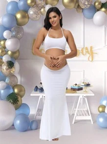 Maternity Solid Cut Out Waist Open Back Halter Photoshoot Bodycon Dress For Baby Shower - White - View 3
