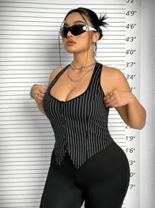 SHEIN ICON Plus Size Striped Print Fashionable Hang Neck Button-Front Tank Top For Summer - Black and White - View 5