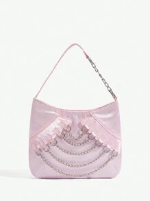 SHEIN ICON Ladies' Fashionable And Unique Y2K Retro Metallic Chain Satin Hobo Bag With Shoulder Strap, Suitable For Parties, Date Nights, Birthdays And Other Occasions, Woven Handbag, Hobo Bag, Fun, Vintage, Y2K Style, Suitable For Personalities Of Sweet And Cool Girls Who Prefer Ballet Style. - Pink - View 3