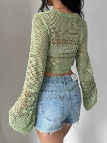 SHEIN Unity Cárdigan corto de punto calado de unicolor de verano casual para mujer, top de manga larga - Verde - Ver 2