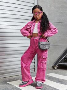 SHEIN Explorewe Conjunto de roupa de vento e Denim legal e fofo para meninas pré-adolescentes - Rosa chiclete - Visão 5