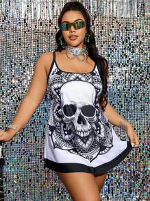 Swim EVENT Plus Size Women Gothic Printed Tankini Swimsuit,Summer Beach - Black and White - View 7