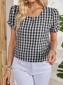 EMERY ROSE Blusa de mujer de verano con cuello con escote y mangas cortas a cuadros - Blanco y Negro - Ver 5