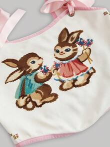 SHEIN MOD White Vintage Corset Top With Two Rabbit Print, Contrasting Pink Bow And Edging,Wedding,Western Top - White - View 3