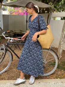 DAZY 女士随机印花简约日常V领夏季连衣裙碎花吊带裙度假装 - 藍色 - 查看 3