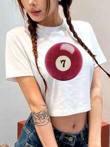 INAWLY Number 7 Billiard Ball Print Short Sleeve T-Shirt - White - View 1