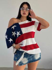 POPSWAY Plus Size Spring/Summer Fashionable Color-Block Asymmetrical Collar American Flag Pattern Batwing Sleeve Knitted Top