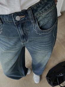 DAZY 女士休閒寬腿寬鬆牛仔褲，附有口袋 - 中等水洗藍 - 查看 4