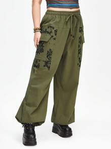 ROMWE Hippie Quần Cargo boho cỡ lớn in họa tiết cổ điển, có dây rút ở eo và gấu quần - xanh quân đội - Xem 2