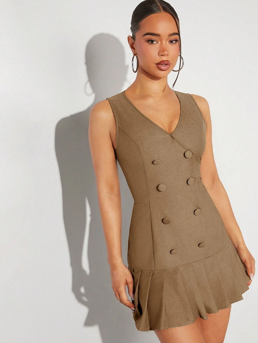 SHEIN Unity Double Breasted Pleated Hem Dress - Brown - View 1