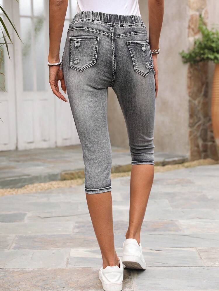 Ladies' Casual Vacation Washed Skinny 3/4 Jeans With Distressed Details
