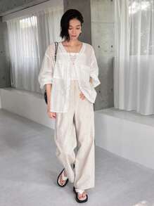 FRIFUL Ladies' Semi-Transparent Plain Simple Daily Shirt Sheer - White - View 2