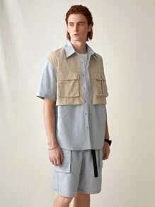 Manfinity VCAY Woven Casual Patchwork Shirt And Shorts Set - Multicolor - View 5