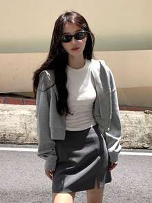 Casual Loose Solid Color Hoodie, Spring/Autumn - Grey - View 5