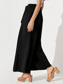 女士夏季休閒純色百褶闊腿褲 - 黑色 - 查看 3