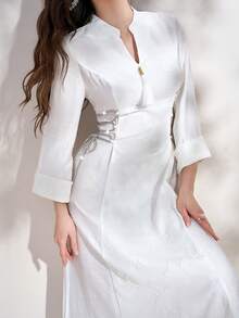 Women V-Neck Tie-Up Minimalist Arabic Style Dress - White - View 3