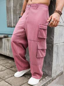 Manfinity Roghcode Men's Plus Size Casual Solid Color Straight Leg Jeans With Workwear Style - Hot Pink - View 4